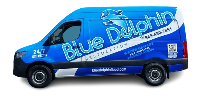 A blue dolphin restoration van is shown in profile.