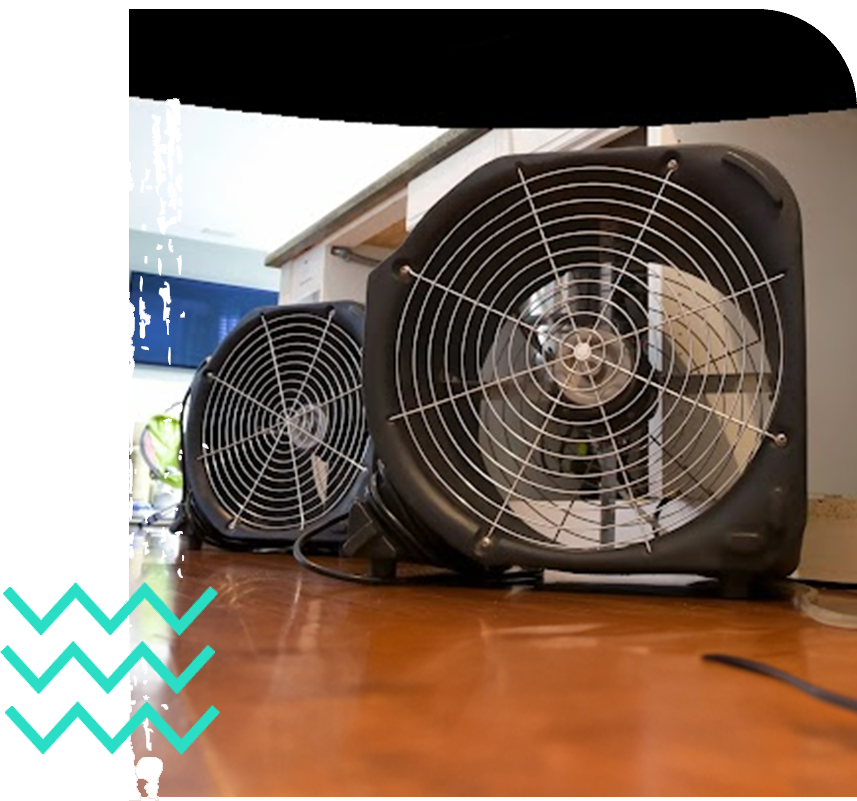 Two fans are sitting on the floor of a room.